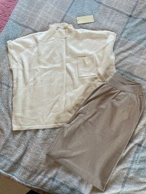 Lightweight Knit Top and Wide-Leg Pants Set in Cream and Taupe